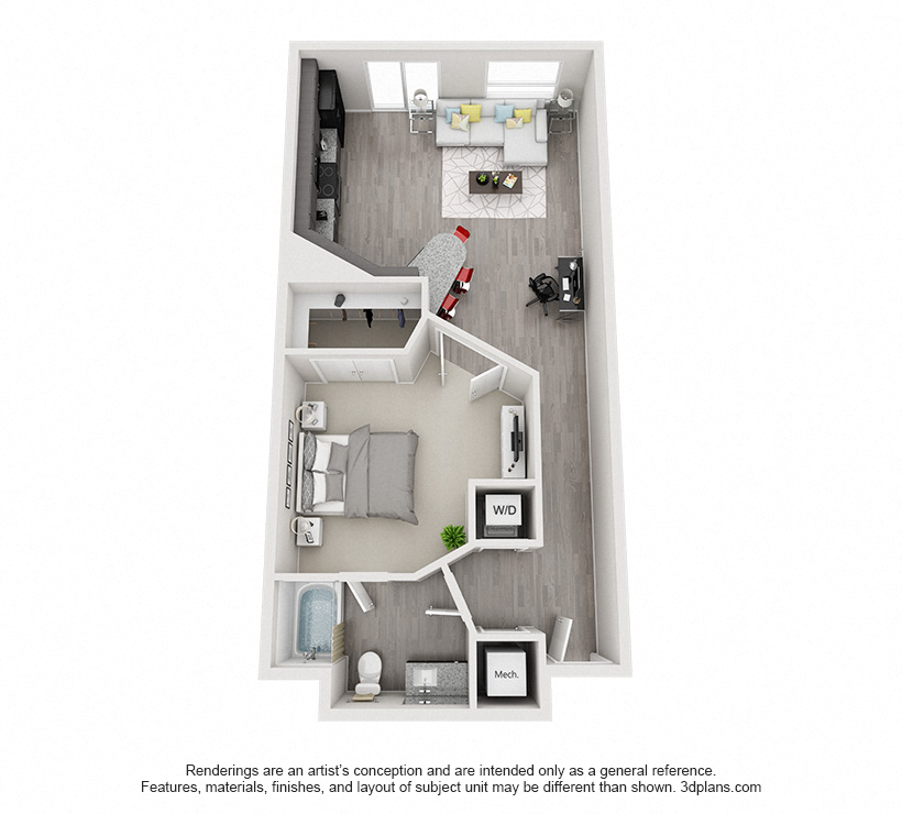 Floor plan for 1 bed, 1 bath, 650 sqft